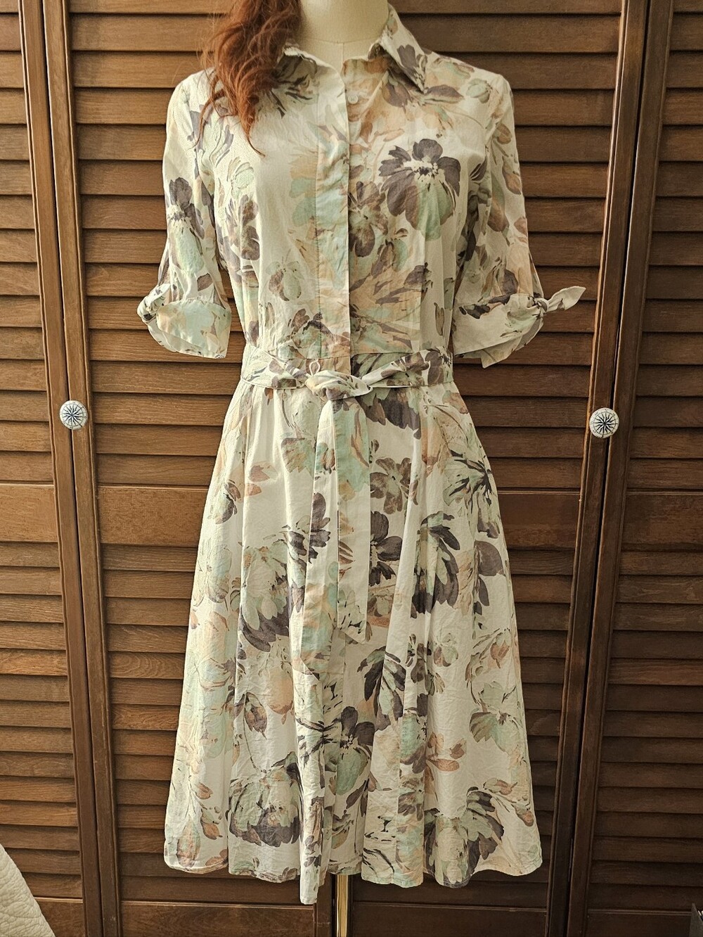 Calvin Klein Floral Button-Front Midi Dress in Cream and Mint